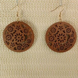BOHO BROWN WOODEN Bohemian Round Dangle Laser Cut 2.75" Earrings